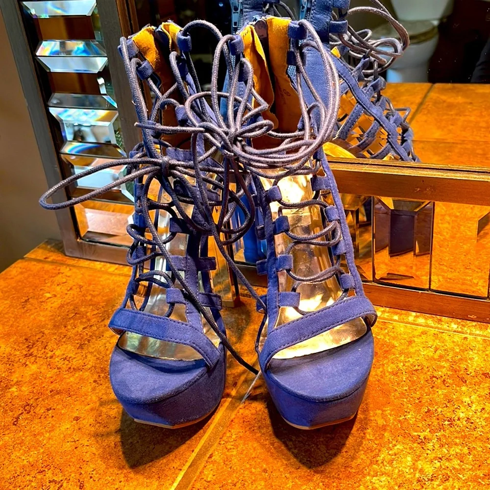 Blue Lace Up Platform Sandals